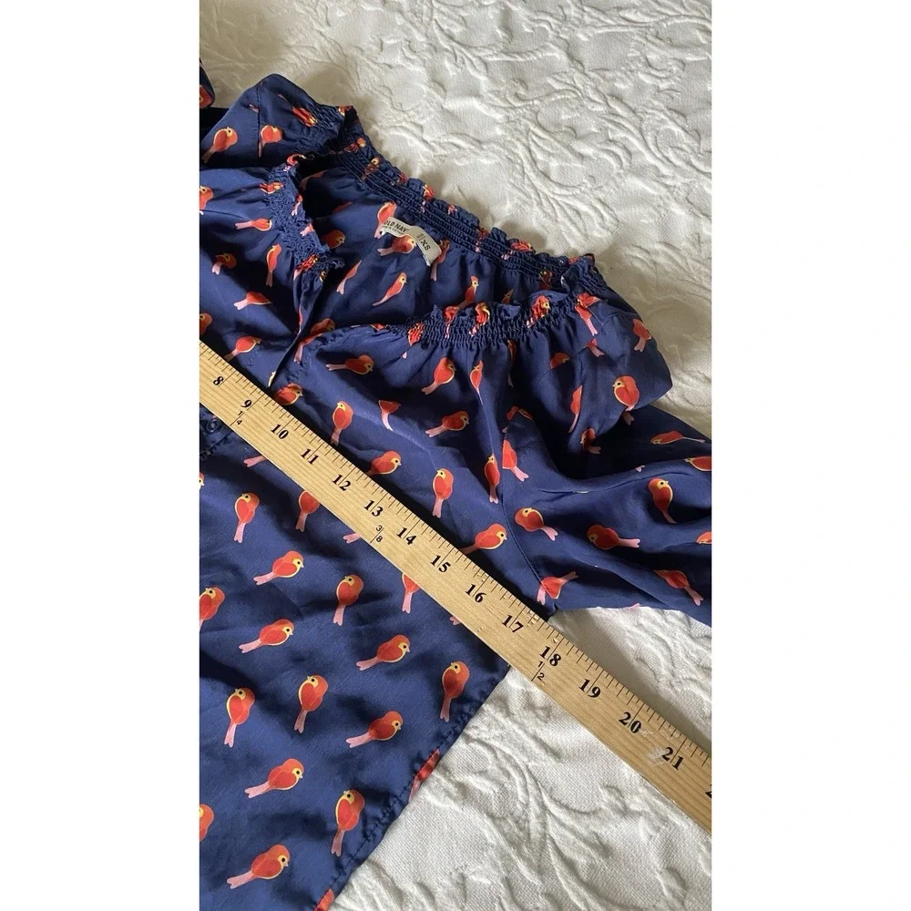 Old Navy Bird Print Button Up Top Women XS Blue Red AOP birdies 3/4 Puff Sleeves